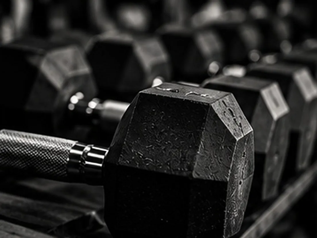 Hex dumbbells on a rack in the 24-hour gym
